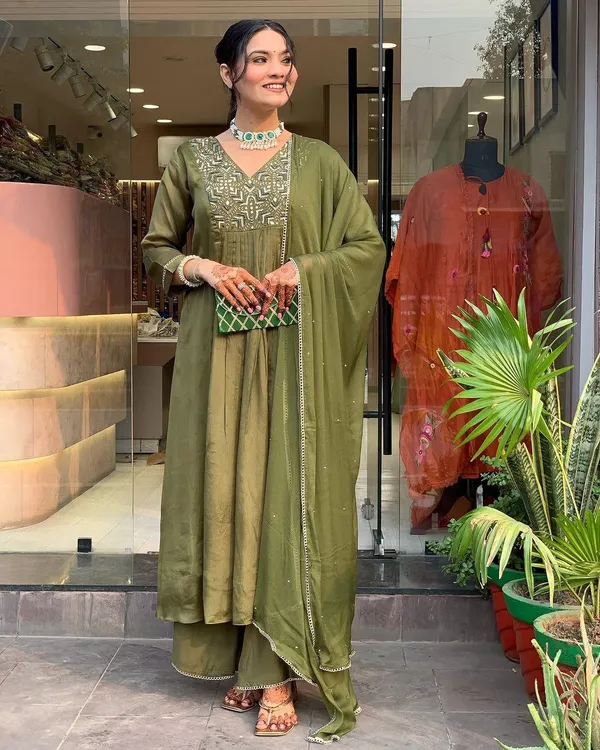 Muted_Earthy_Green_Chinon_Embroidered_Suit_Set_For_Women