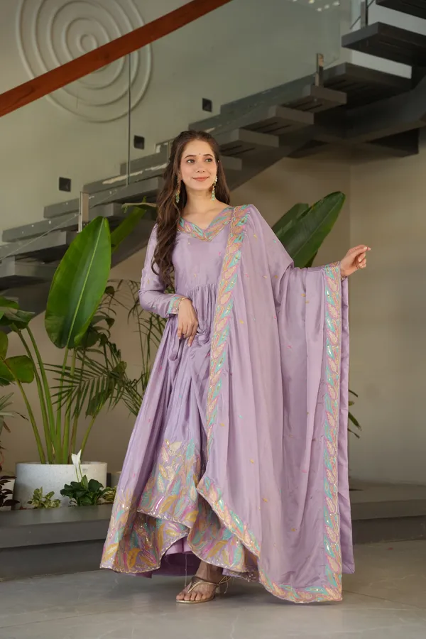 Lavender_Chinon_Thread_Embroidered_Gown_(Set_Of_2)_For_Women