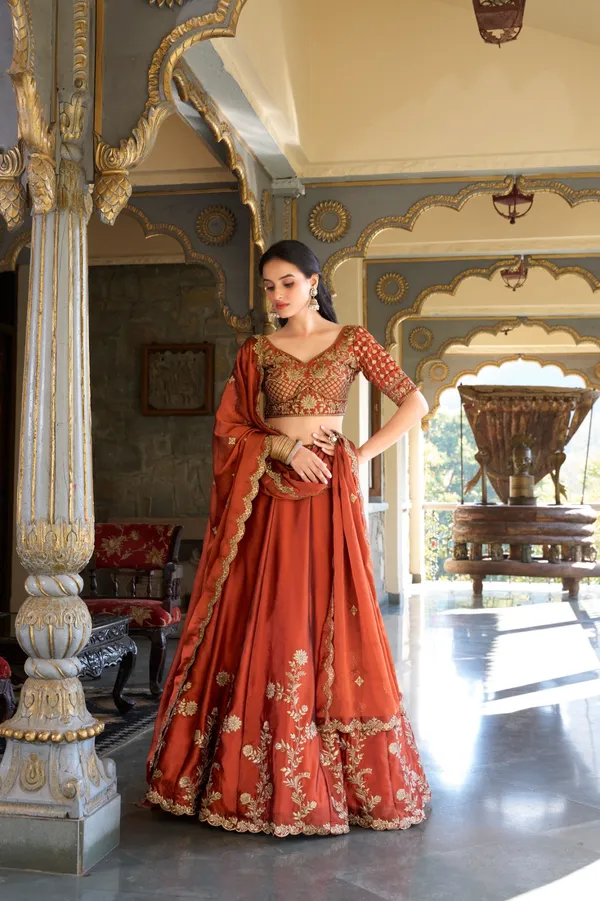 Orange_Thread_Embroidered_Silk_Lehenga_Choli_For_Women