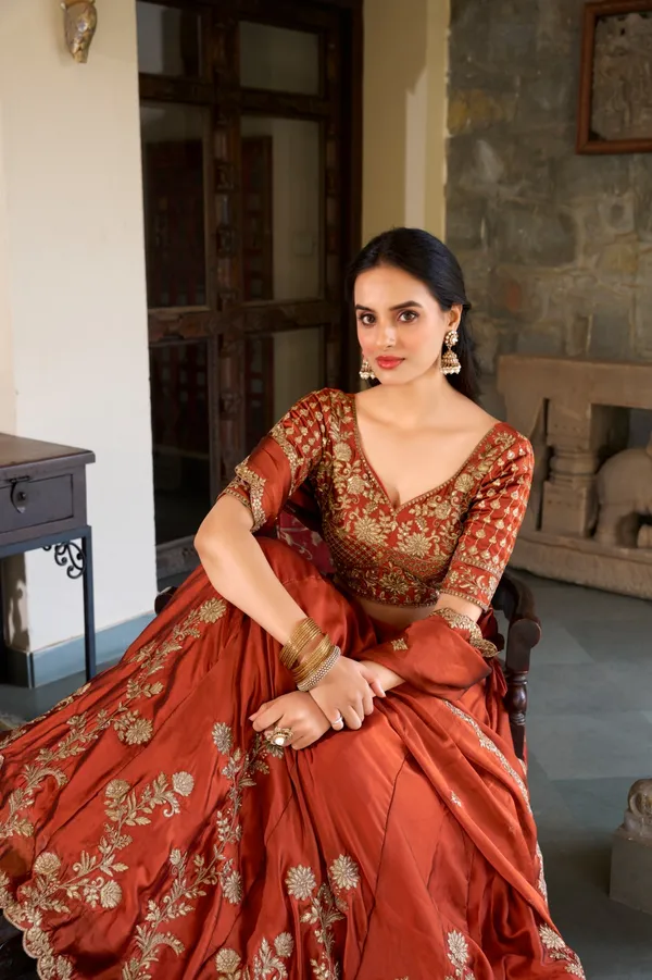 Orange_Thread_Embroidered_Silk_Lehenga_Choli_For_Women