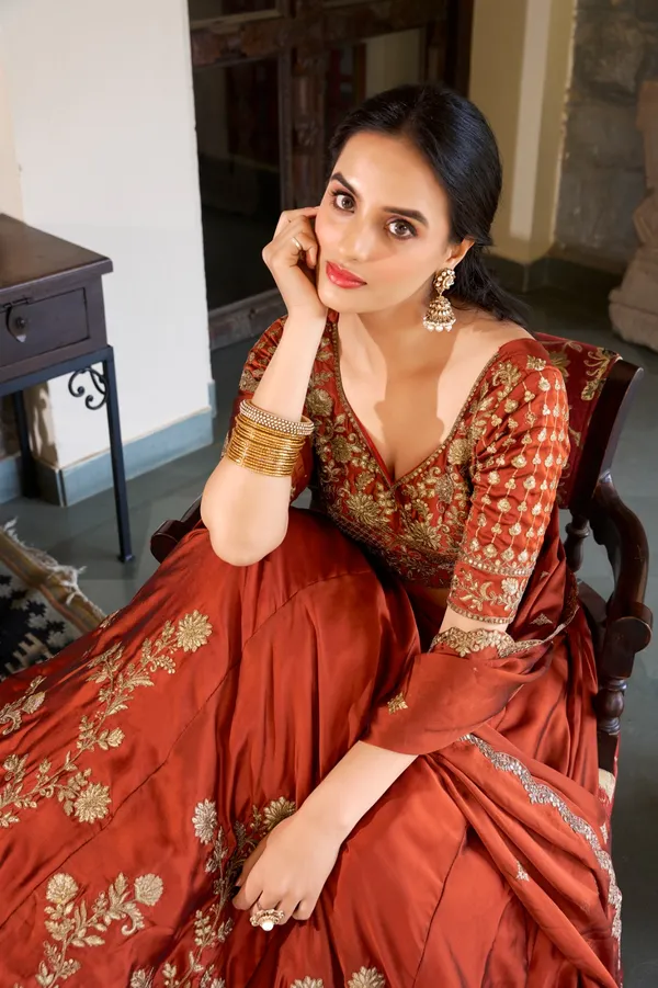 Orange_Thread_Embroidered_Silk_Lehenga_Choli_For_Women