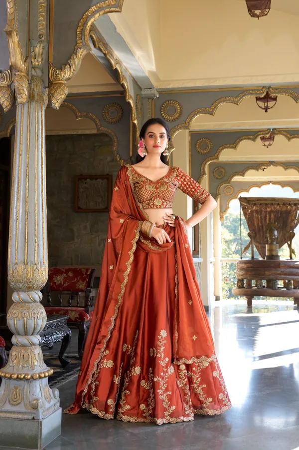 Orange_Thread_Embroidered_Silk_Lehenga_Choli_For_Women