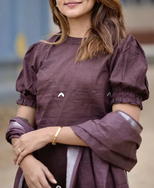 Brown_Handloom_A_Line_Kurti_With_Palazzo_&_Linen_Dupatta_For_Women
