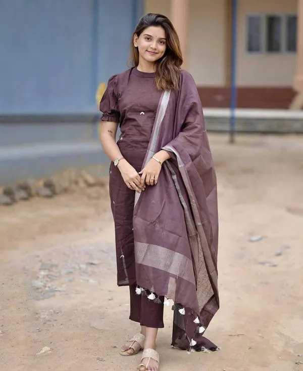 Brown_Handloom_A_Line_Kurti_With_Palazzo_&_Linen_Dupatta_For_Women