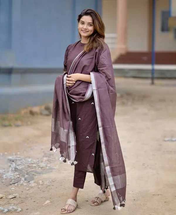 Brown_Handloom_A_Line_Kurti_With_Palazzo_&_Linen_Dupatta_For_Women