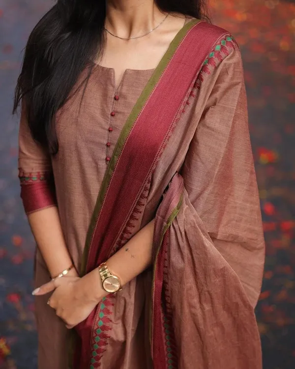 Brown_Silk_South_Kurta_Pant_&_Dupatta_For_Women