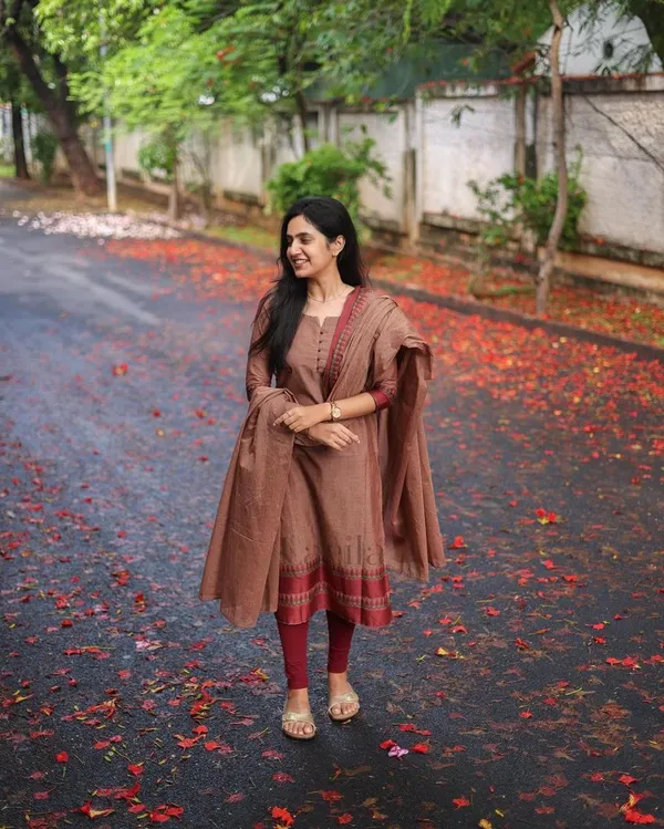 Brown_Silk_South_Kurta_Pant_&_Dupatta_For_Women