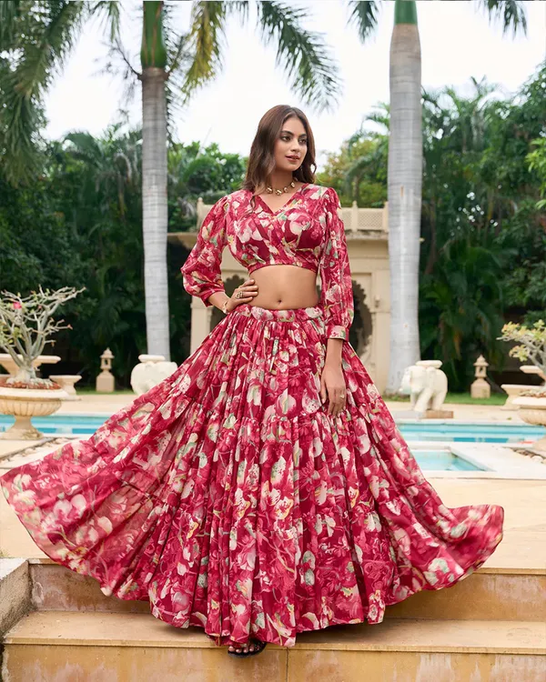 Maroon_Colour_Georgette_Printed_Crop_Top_Lehenga_Choli_For_Women