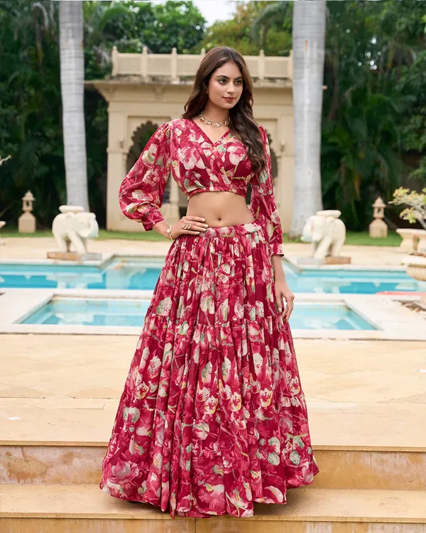 Maroon_Colour_Georgette_Printed_Crop_Top_Lehenga_Choli_For_Women