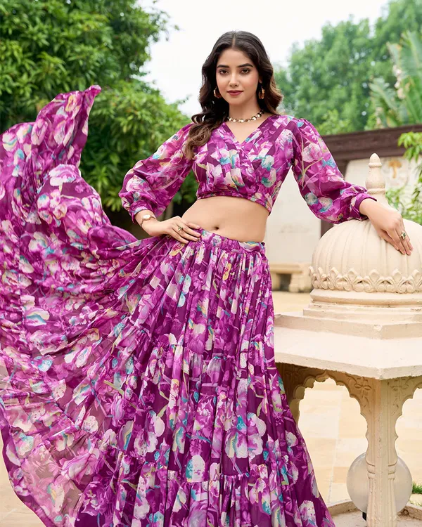 Wine_Colour_Georgette_Printed_Crop_Top_Lehenga_Choli_For_Women
