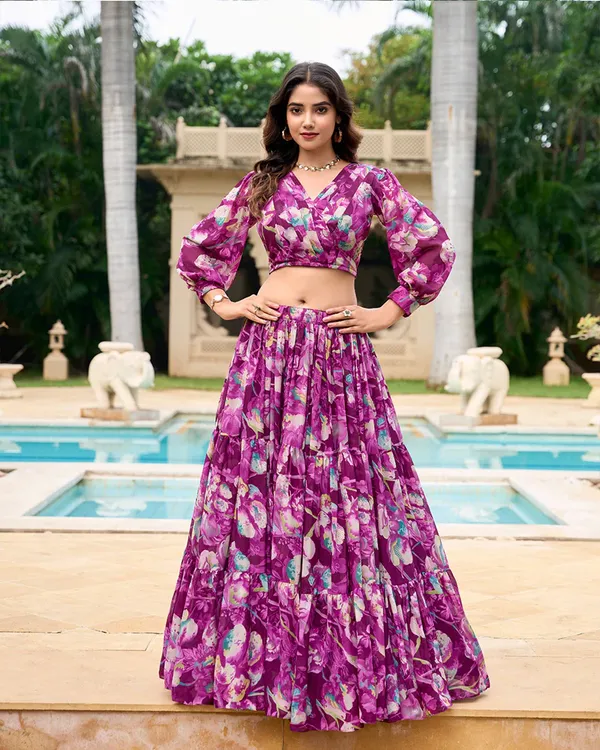 Wine_Colour_Georgette_Printed_Crop_Top_Lehenga_Choli_For_Women