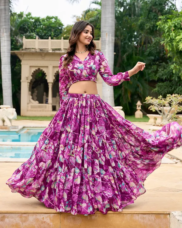 Wine_Colour_Georgette_Printed_Crop_Top_Lehenga_Choli_For_Women
