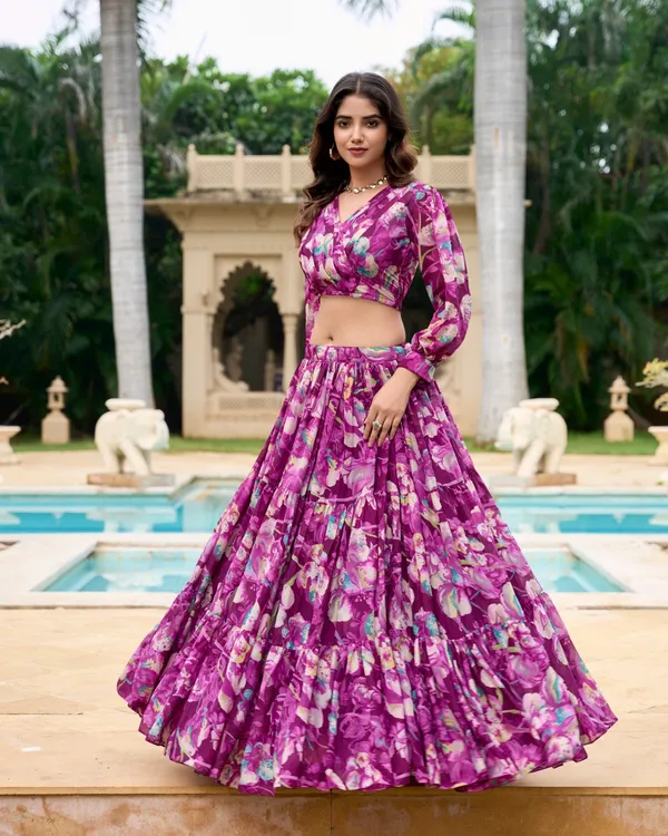 Wine_Colour_Georgette_Printed_Crop_Top_Lehenga_Choli_For_Women