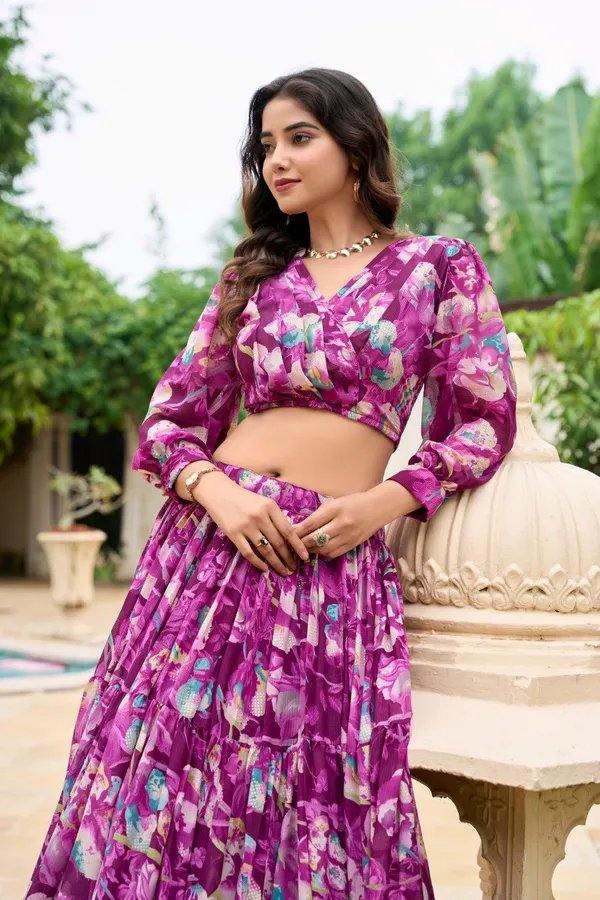 Wine_Colour_Georgette_Printed_Crop_Top_Lehenga_Choli_For_Women