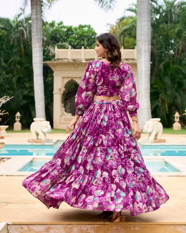 Wine_Colour_Georgette_Printed_Crop_Top_Lehenga_Choli_For_Women