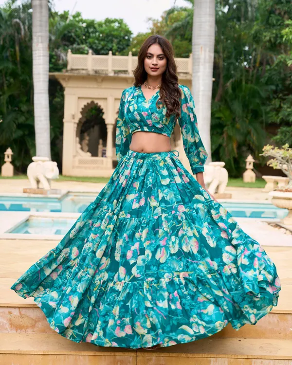 Teal_Green_Colour_Georgette_Printed_Crop_Top_Lehenga_Choli_For_Women