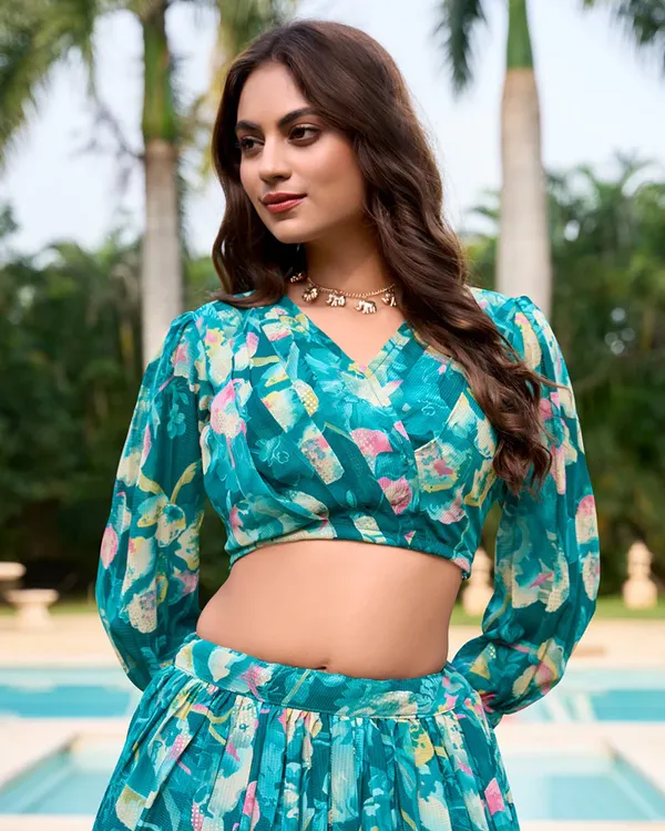 Teal_Green_Colour_Georgette_Printed_Crop_Top_Lehenga_Choli_For_Women