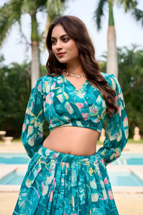Teal_Green_Colour_Georgette_Printed_Crop_Top_Lehenga_Choli_For_Women