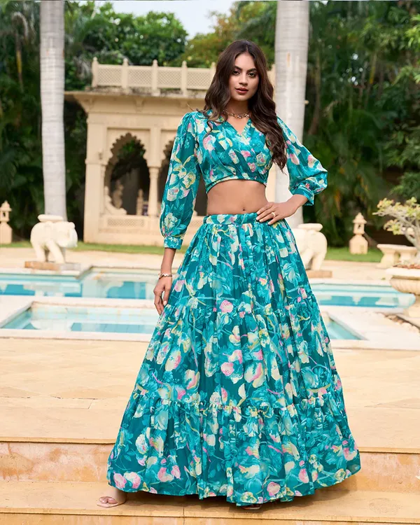 Teal_Green_Colour_Georgette_Printed_Crop_Top_Lehenga_Choli_For_Women