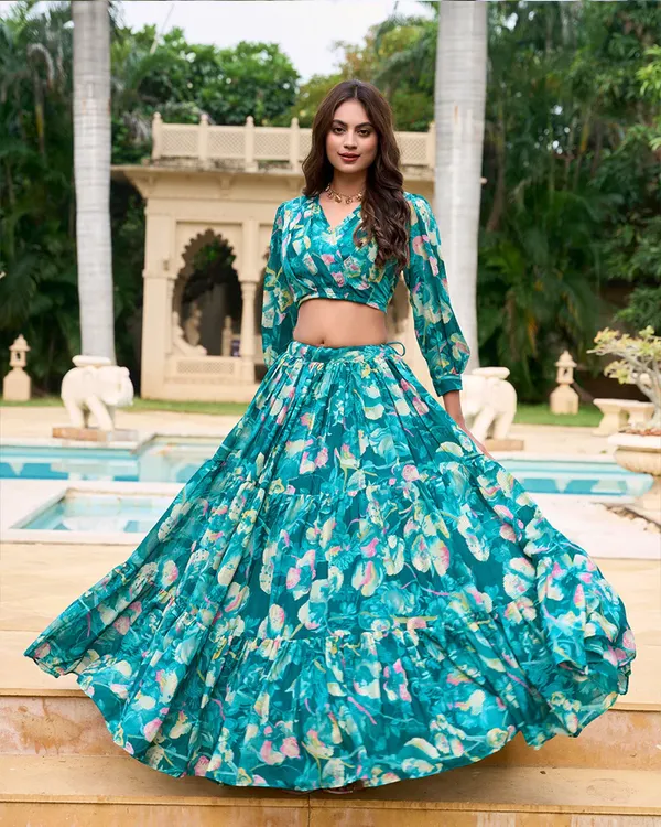 Teal_Green_Colour_Georgette_Printed_Crop_Top_Lehenga_Choli_For_Women