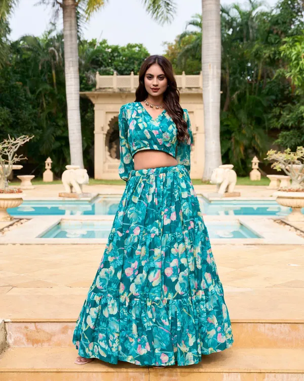 Teal_Green_Colour_Georgette_Printed_Crop_Top_Lehenga_Choli_For_Women