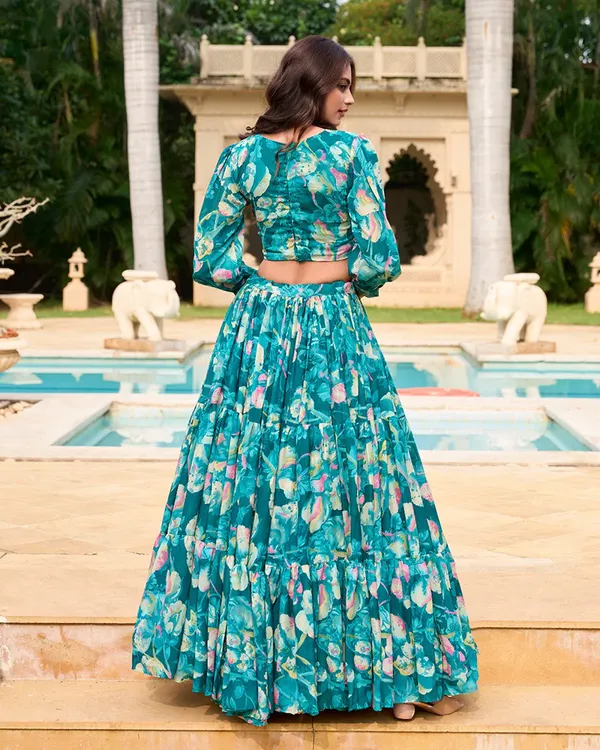Teal_Green_Colour_Georgette_Printed_Crop_Top_Lehenga_Choli_For_Women