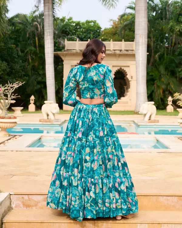 Teal_Green_Colour_Georgette_Printed_Crop_Top_Lehenga_Choli_For_Women