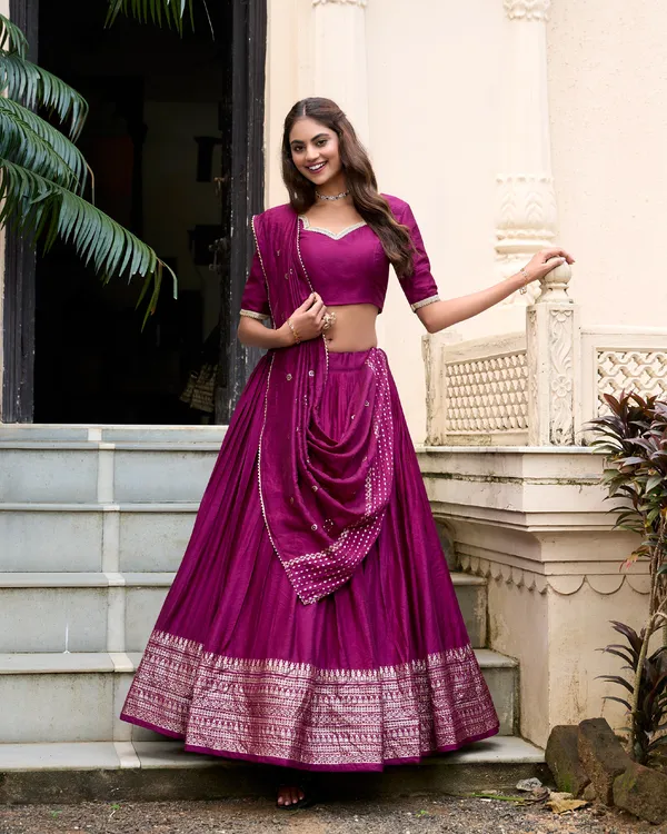 Wine_Chanderi_Weaving_Festival_Wear_Readymade_Lehenga_Choli_For_Women