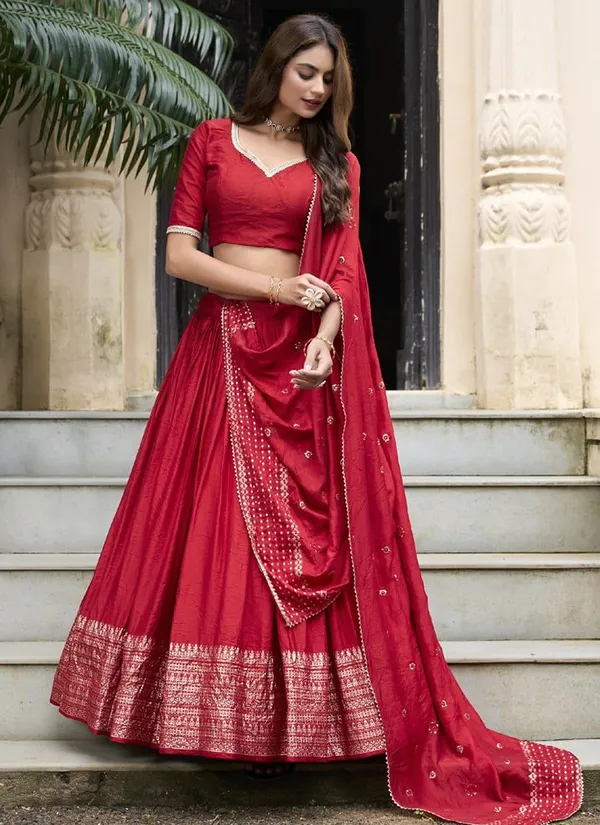 Red_Chanderi_Weaving_Festival_Wear_Readymade_Lehenga_Choli_For_Women