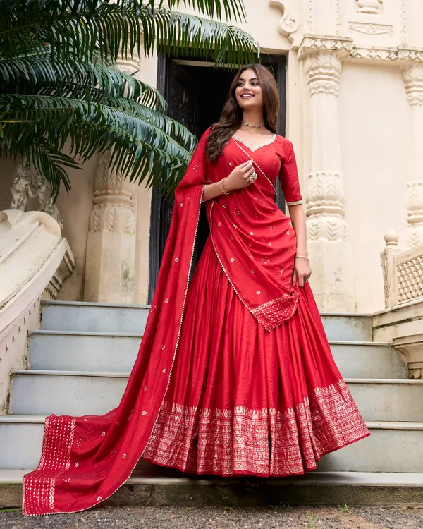 Red_Chanderi_Weaving_Festival_Wear_Readymade_Lehenga_Choli_For_Women
