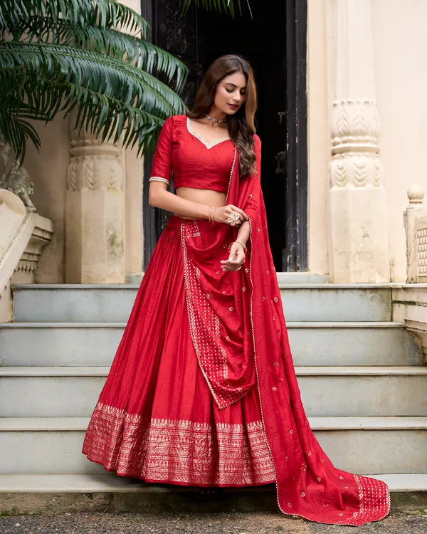 Red_Chanderi_Weaving_Festival_Wear_Readymade_Lehenga_Choli_For_Women
