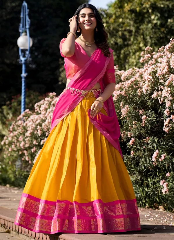 Mustard_Kanchipuram_Weaving_Traditional_Wear_Lehenga_Choli_For_Women