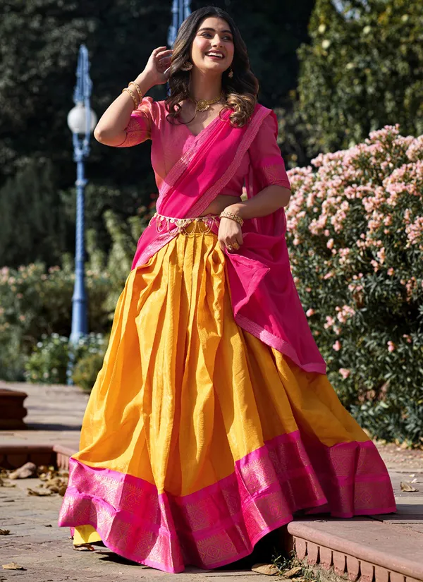 Mustard_Kanchipuram_Weaving_Traditional_Wear_Lehenga_Choli_For_Women