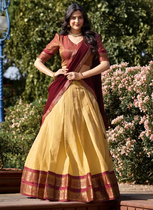 Cream_Kanchipuram_Weaving_Traditional_Wear_Lehenga_Choli_For_Women