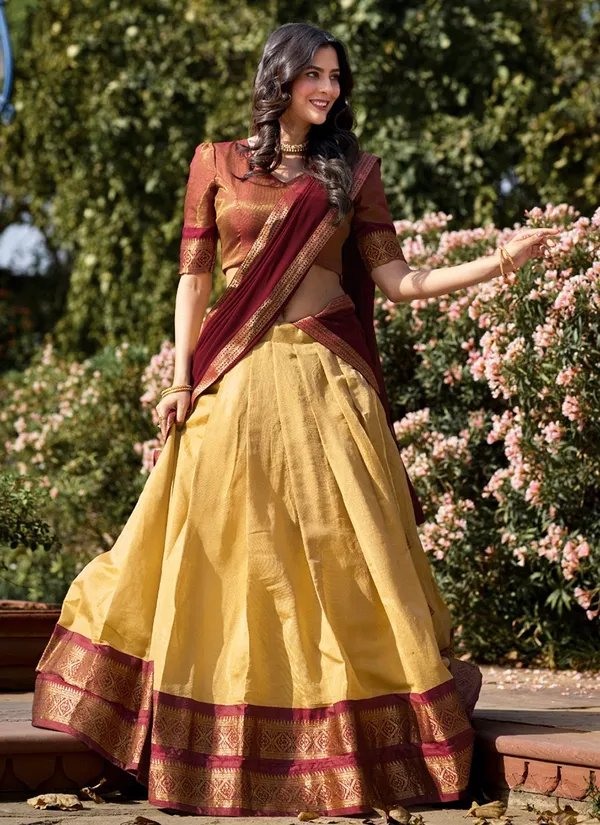Cream_Kanchipuram_Weaving_Traditional_Wear_Lehenga_Choli_For_Women