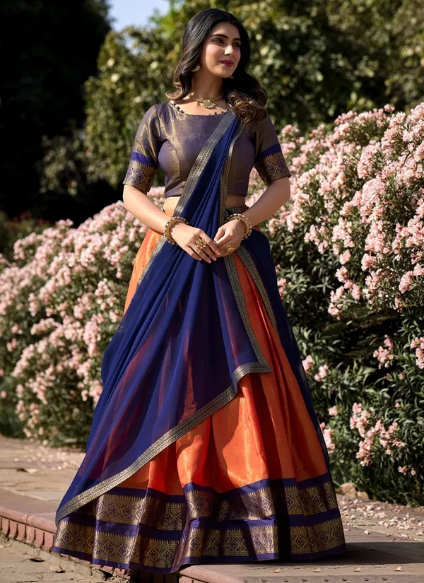 Orange_Kanchipuram_Weaving_Traditional_Wear_Lehenga_Choli_For_Women