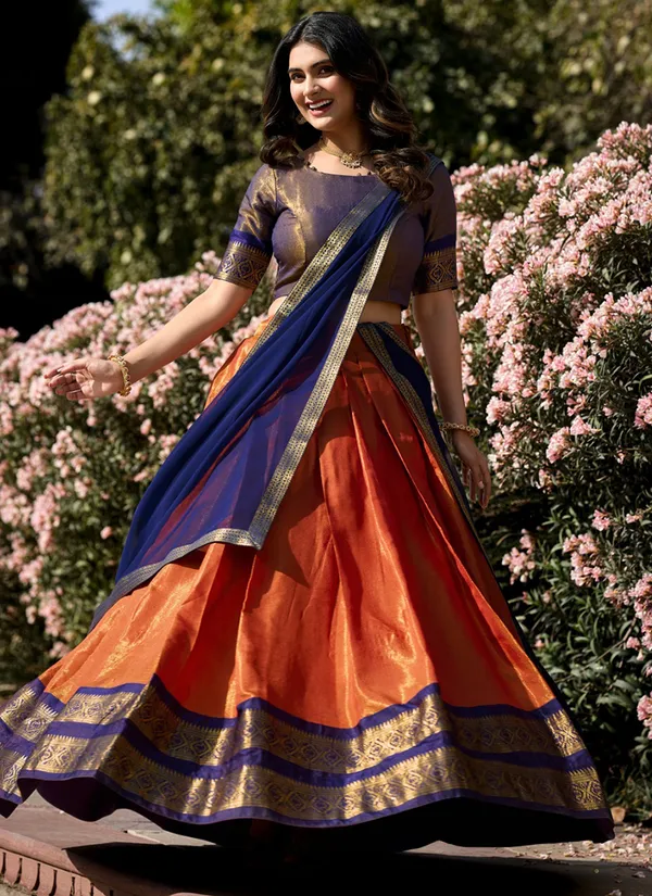 Orange_Kanchipuram_Weaving_Traditional_Wear_Lehenga_Choli_For_Women