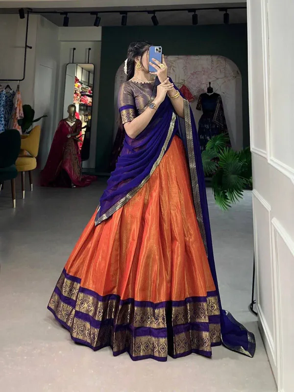 Orange_Kanchipuram_Weaving_Traditional_Wear_Lehenga_Choli_For_Women