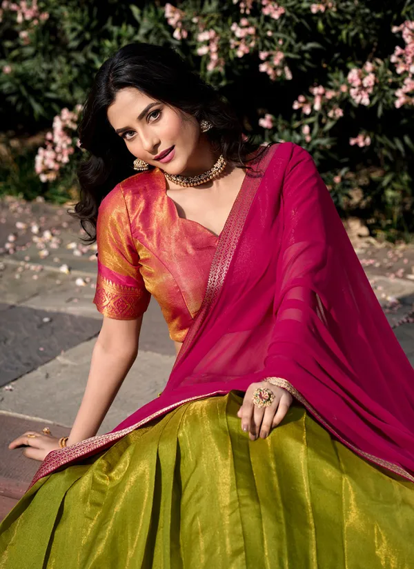 Pista_Green_Kanchipuram_Weaving_Traditional_Wear_Lehenga_For_Women