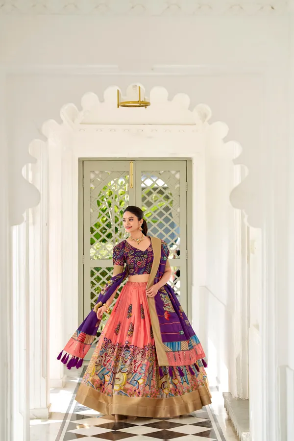 Dola_Silk_Designer_Kalamkari_Printed_Lehenga_For_Women