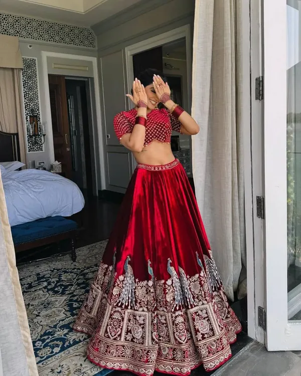 Red_Velvet_Coding_Sequence_Embroidered_Work_Lehenga_Choli_With_Dupatta_Launch_For_Women