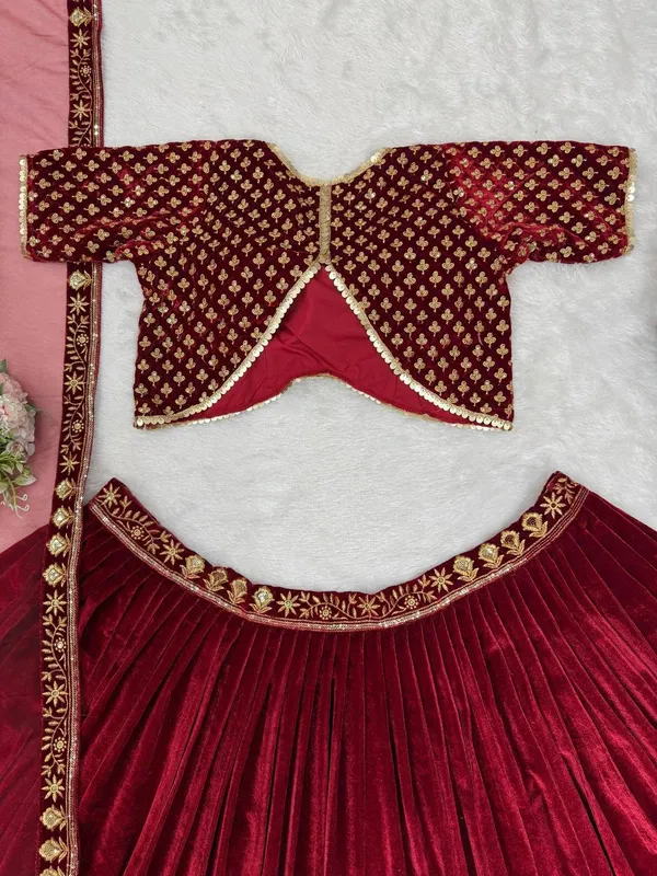 Red_Velvet_Coding_Sequence_Embroidered_Work_Lehenga_Choli_With_Dupatta_Launch_For_Women