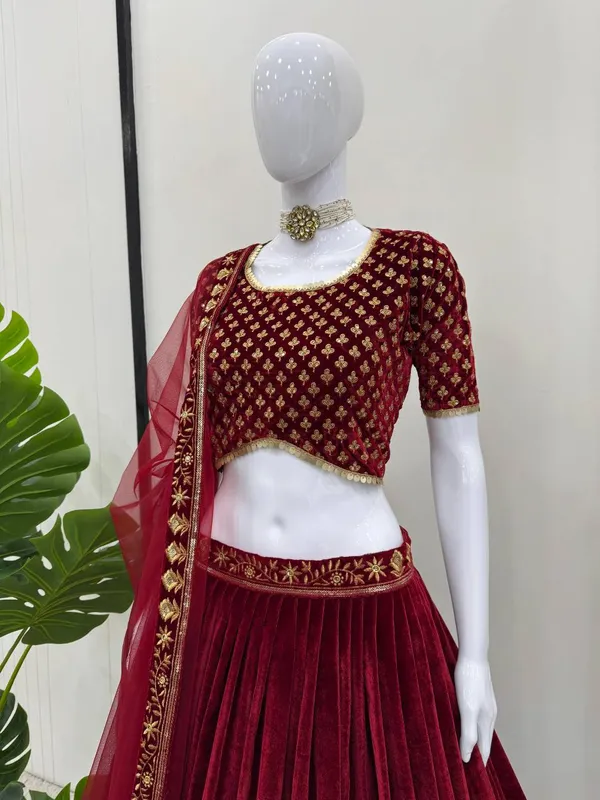 Red_Velvet_Coding_Sequence_Embroidered_Work_Lehenga_Choli_With_Dupatta_Launch_For_Women