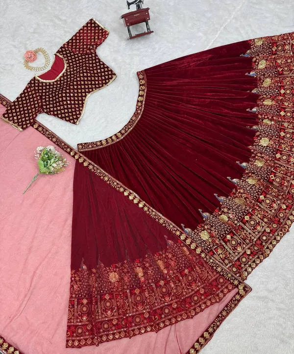 Red_Velvet_Coding_Sequence_Embroidered_Work_Lehenga_Choli_With_Dupatta_Launch_For_Women