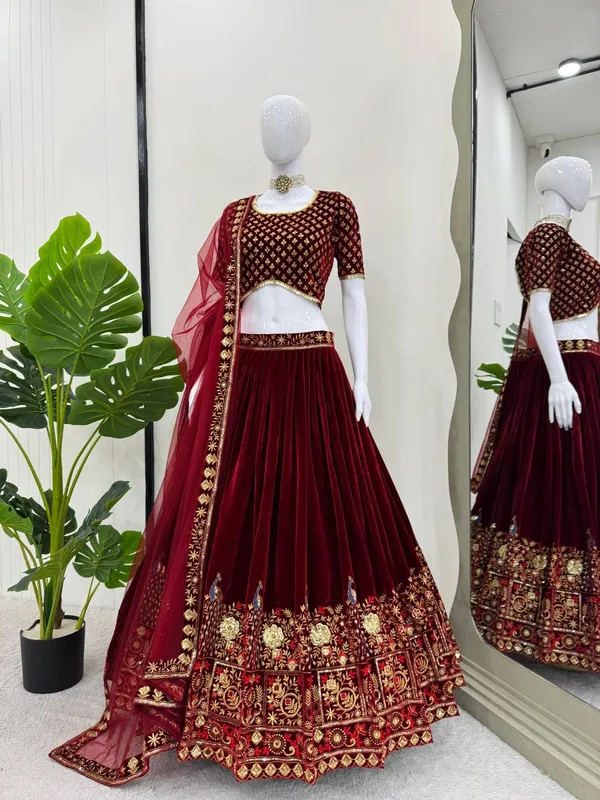 Red_Velvet_Coding_Sequence_Embroidered_Work_Lehenga_Choli_With_Dupatta_Launch_For_Women