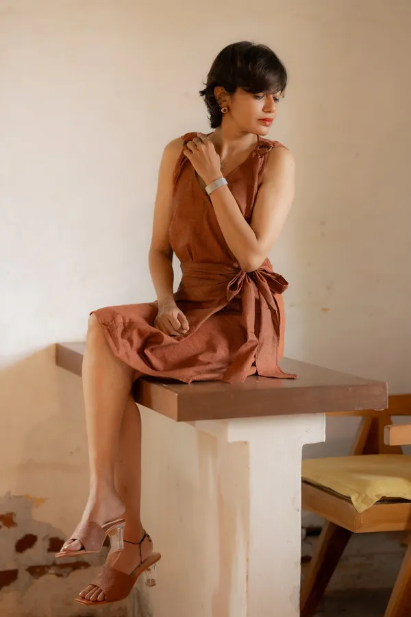 Tan_Brown_Wrap_Around_Tie-Up_Dress_For_Women