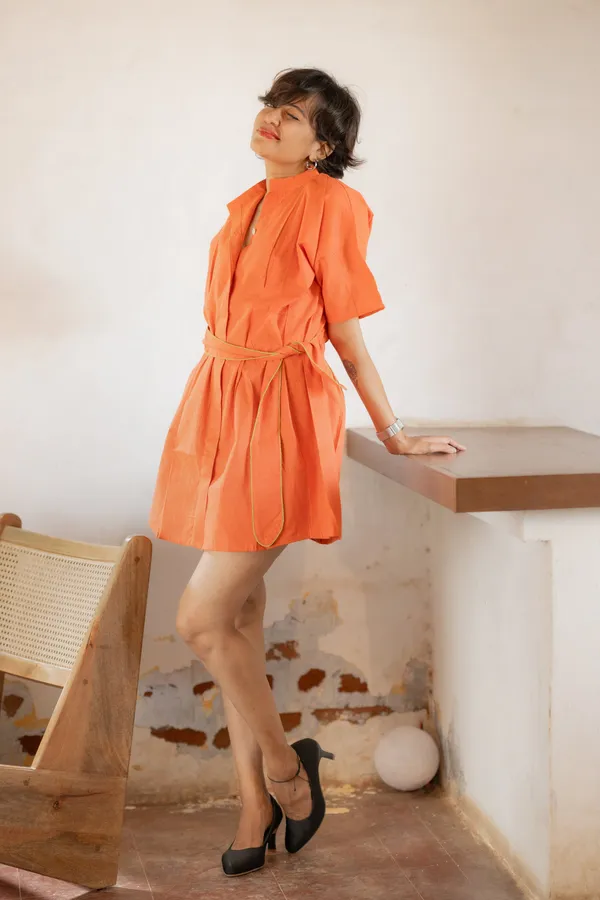 Shirt_Tie-Up_Belt_Mini_Dress-Orange_Rust_For_Women