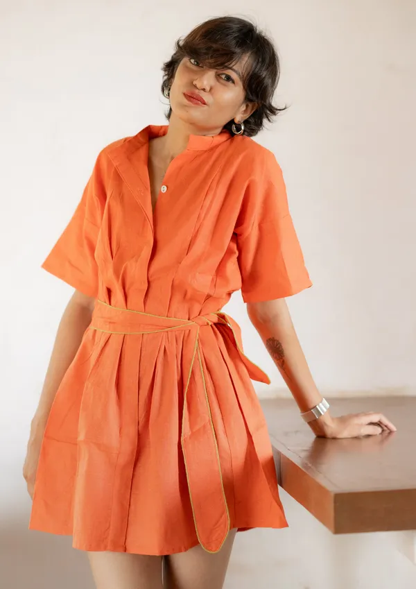 Shirt_Tie-Up_Belt_Mini_Dress-Orange_Rust_For_Women