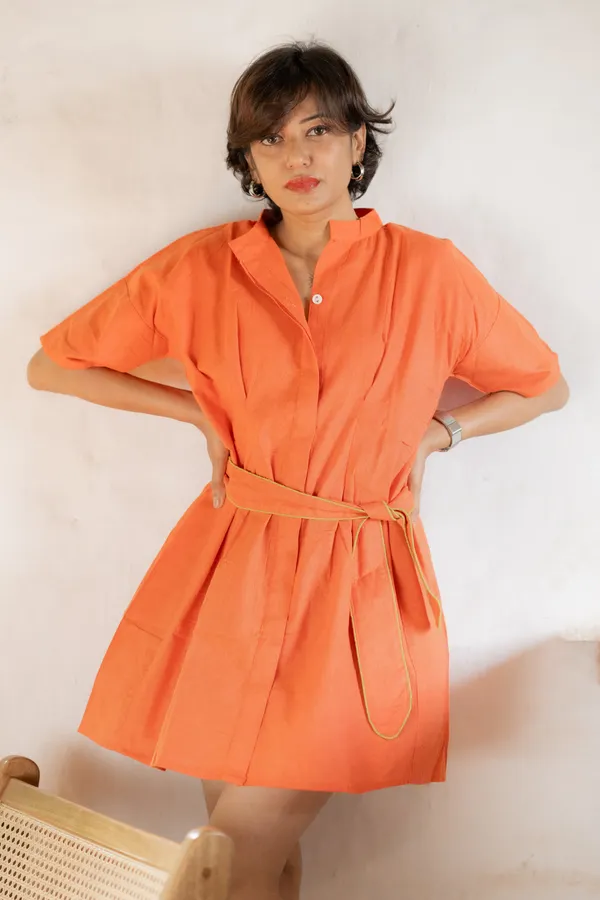 Shirt_Tie-Up_Belt_Mini_Dress-Orange_Rust_For_Women