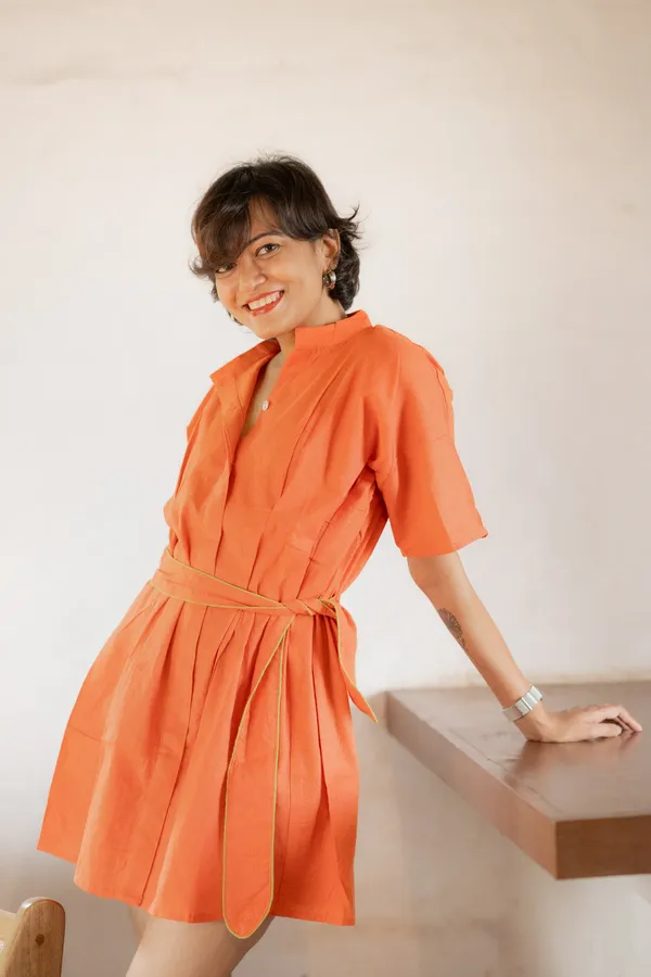 Shirt_Tie-Up_Belt_Mini_Dress-Orange_Rust_For_Women